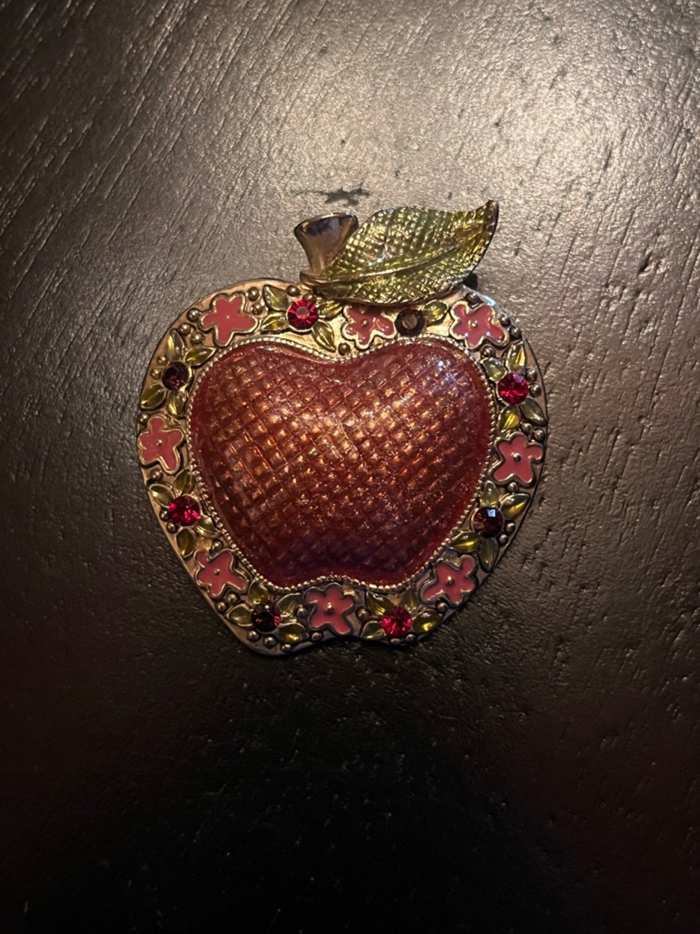 Enamel Apple Brooch with Pink Floral Accents